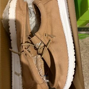 Hey Dude Tan Loafers, kids size 5, used as women size 6.5